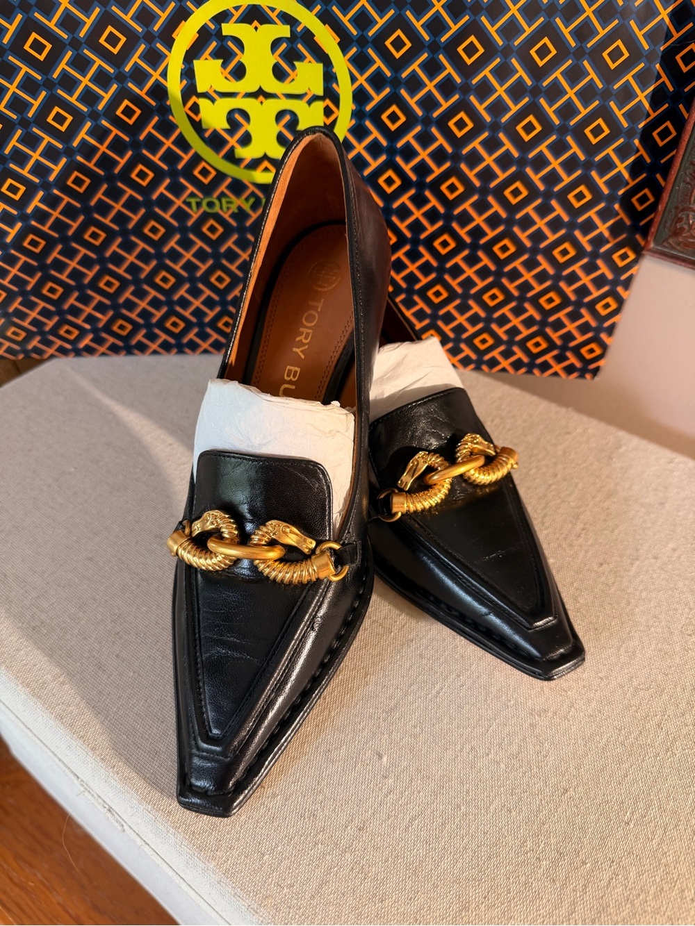 Tory Burch Black Leather Pointed Loafers with Gold Chain Accent